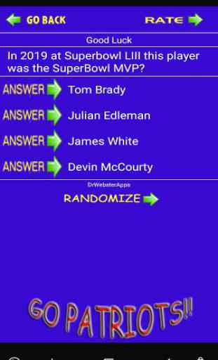 Schedule Trivia Game for New England Patriots Fans 2