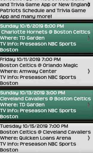 Schedule for Boston Celtics fans and Trivia Game 2