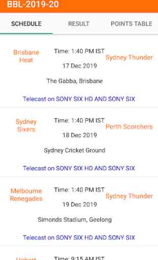 Schedule for Big Bash 2019 2
